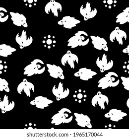 Seamless pattern from arranged circles of flying ghosts and dots, white spirits in doodle style on a black background vector illustration