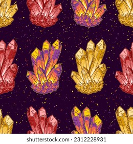 Seamless pattern with arranged in a row crystal gems, druse of gemstones. Magical, glowing inside minerals. Fantasy, mystical concept. Yellow, orange, red colors of gems. Dark textured background