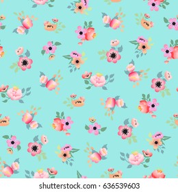 Seamless pattern with arrangements of abstract pink flowers in vintage style on a turquoise background. Vector illustration.