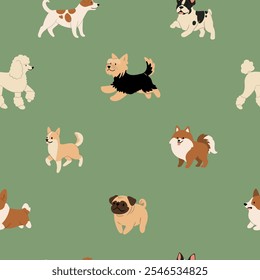 Seamless pattern with an array of beloved dog breeds, including Labradors and French Bulldogs, in a playful hand-drawn style. Joy of pets in a modern and minimalist design. Flat vector illustration