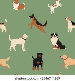 Seamless pattern with an array of beloved dog breeds, including Labradors and French Bulldogs, in a playful hand-drawn style. Joy of pets in a modern and minimalist design. Flat vector illustration