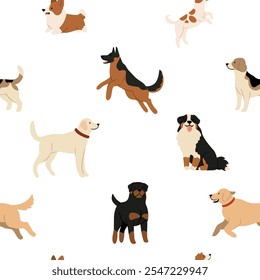 Seamless pattern with an array of beloved dog breeds, including Labradors and French Bulldogs, in a playful hand-drawn style. Joy of pets in a modern and minimalist design. Flat vector illustration