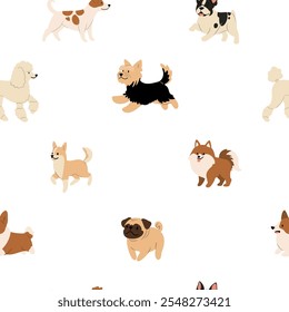 Seamless pattern with an array of beloved dog breeds, including Labradors and French Bulldogs, in a playful hand-drawn style. Joy of pets in a modern and minimalist design. Flat vector illustration