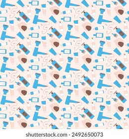 Seamless pattern array of hairstyling tools and products, from combs to hair dryers and bottles, in a stylish. Beauty and salon themes. Vector outline illustration.
