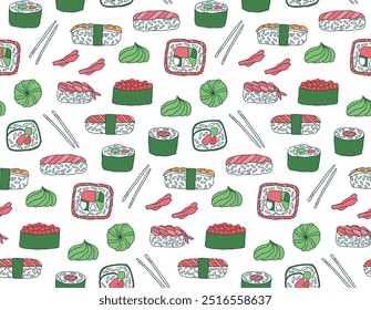 seamless pattern with an array of Japanese cuisine, including sushi rolls, fresh sashimi, vibrant wasabi, and colorful garnishes. This delightful design captures the essence of Japanese culinary  