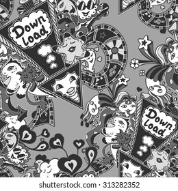 Seamless pattern with arrow down load and  doodle monsters in grey white black  for down load music, film, photo, pictures from web
