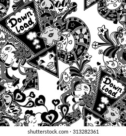Seamless pattern with arrow down load and  doodle monsters in grey white black  for down load music, film, photo, pictures from web