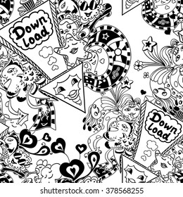 Seamless pattern with arrow down load and  doodle monsters in grey white black  for down load music, film, photo, pictures from web or for coloring page or relax coloring book
