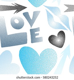 Seamless pattern with arrow, hearts, kiss, lips, love text in dots. Vector pattern in black and blue colors on a white background. Valentine's day theme.