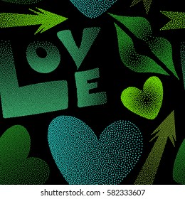 Seamless pattern with arrow, hearts, kiss, lips, love text in dots. Vector pattern in blue and green colors on a black background. Valentine's day theme.