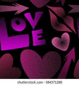 Seamless pattern with arrow, hearts, kiss, lips, love text in dots. Vector pattern in magenta and pink colors on a black background. Valentine's day theme.