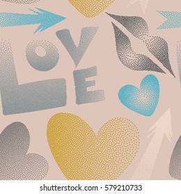 Seamless pattern with arrow, hearts, kissing lips, love text in dots. Vector Valentine's day symbols in yellow and gray colors.