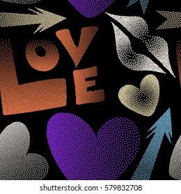 Seamless pattern with arrow, hearts, kissing lips, love text in dots. Vector Valentine's day symbols in orange and violet colors on a black background.