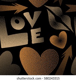 Seamless pattern with arrow, hearts, kissing lips, love text in dots. Vector Valentine's day symbols in brown, orange and beige colors on a black background.