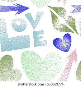 Seamless pattern with arrow, hearts, kissing lips, love text in dots. Vector Valentine's day symbols in green and blue colors on a white background.