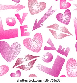 Seamless pattern with arrow, hearts, kissing lips, love text in dots. Vector Valentine's day symbols in pink and magenta colors on a white background.