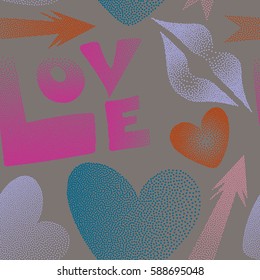 Seamless pattern with arrow, hearts, kissing lips, love text in dots. Vector Valentine's day symbols in pink and orange colors.