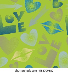 Seamless pattern with arrow, hearts, kissing lips, love text in dots. Vector Valentine's day symbols in green and blue colors.