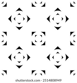 Seamless pattern of arrowheads arranged in a square shape, in black and white style.