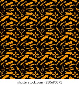 Seamless pattern with arrows in black and gold. Tiling print silhouette texture. Hand drawing. Cloth design. Wallpaper