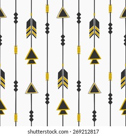 Seamless pattern with arrows in black and golden, tribal repeat background.