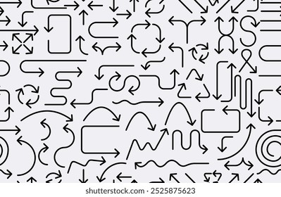 Seamless pattern arrows. Black signs drawn arrows. Pattern hand drawn black pointers, arrow icons isolated on white background. Direction elements, curve brush strokes. Different curved arrows.