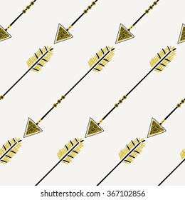 Seamless pattern with arrows in black and yellow, tribal repeat background.