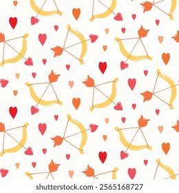 Seamless pattern of arrows and a bow with a stretched string, and hearts. Design for Valentine's Day, wedding and mother’s day celebration, greeting cards, home decor, wrapping paper, scrapbooking.