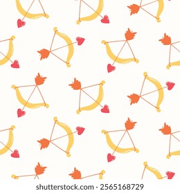 Seamless pattern of arrows and a bow with a stretched string. Design for Valentine's Day, wedding and mother’s day celebration, greeting cards, home decor, wrapping paper, scrapbooking.