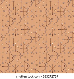 Seamless pattern with arrows, bows and heart in vintage style, vector