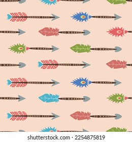 Patrón sin foco con flechas y plumas de colores para el día de San Valentín. Fondo para el diseño de tela, papel pintado, papel envolvente y otros tipos de impresión. Diseño para una tarjeta de saludo, invitación e impresión.