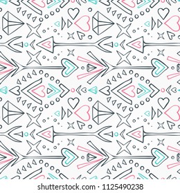 Seamless pattern with arrows, diamonds, hearts, geometric elements