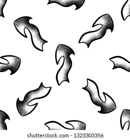 Seamless pattern with arrows with hatching on white background. Engraving vector texture for wallpaper, textile and your design.