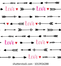 Seamless pattern with arrows and hearts for Valentine's Day. Handwritten lettering. Vector illustration.