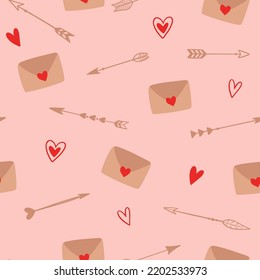 Seamless pattern with arrows, letters and hearts on pink background. Love background for Valentine's day. Design for fabric, wallpaper or wrap paper.