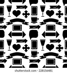 Seamless pattern with arrows, mobile phone, heart, ribbon, screens, glass,cup, speech bubble in black and white. Business abstract silhouette background