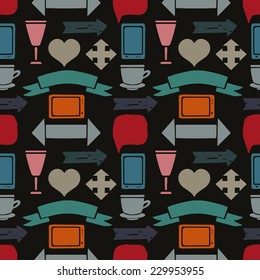 Seamless pattern with arrows, mobile phone, heart, ribbon, screens, glass, cup, speech bubble. Business abstract tiling background. Print silhouette texture. Cloth design. Wallpaper