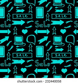 Seamless pattern with arrows, mobile phone, computer, heart, speech bubble. Business abstract tiling background. Print silhouette texture. Cloth design. Wallpaper