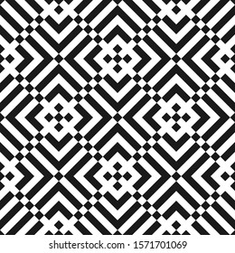 Seamless pattern. Arrows, polygons background. Curves, squares backdrop. Chevrons, checks ornament. Folk wallpaper. Tribal motif. Ethnic ornate. Angle brackets, quadrangles. Ancient mosaic. Abstract.