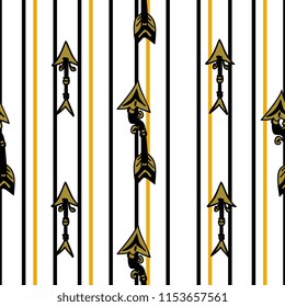 Seamless pattern of arrows tribal style with stripes background.
