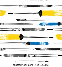 Seamless pattern with art brushes on paint  strokes. Hand-drawn vector texture.