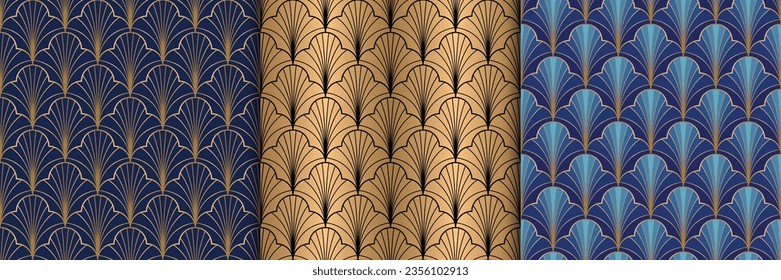 Decoración de diseño sin inconvenientes con forma de ventilador y líneas en color azul y dorado, ilustración vectorial de fondo de lujo repetida.	
