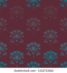 Seamless pattern of Art Deco Lilies on maroon background. Perfect for fabric, scrapbooking and wallpaper projects.
