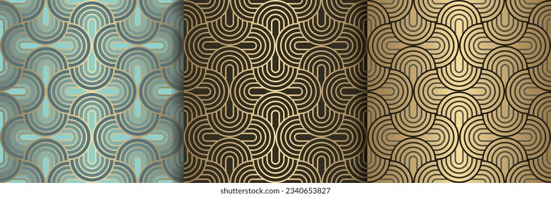 Seamless pattern art deco with overlapping gold arc with multiple stripe line, luxury repeat background with oval shape vector illustration.