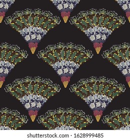 Seamless pattern in art Deco style. Stained-glass color pattern in the shape of a fan on a black background.