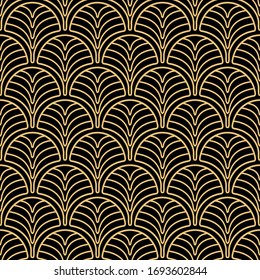 Seamless pattern in art Deco style. Geometric lines on the diagonal in the shape of a palm tree, minimalistic gold and black background