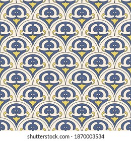 Seamless pattern in art deco style, blue and yellow ornament on a champagne color background. Fabric, wallpaper, packaging in vector