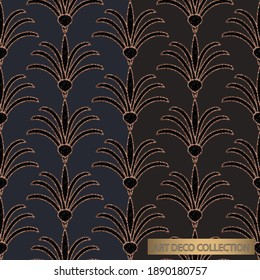 Seamless pattern in the art deco style. Decorative illustration of palm tree, vintage ornament in vector. Wallpaper or dressy fabric, blue and brown pattern, collection