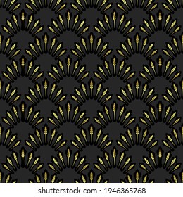 Seamless pattern in the art deco style. Decorative illustration of a palm tree or a fan of leaves, vintage ornament in vector. Wallpaper or dressy fabric, gold and black background 
