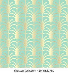 Seamless pattern in art deco style. Decorative illustration of palm tree, fan, vintage ornament geometric shapes in vector. Gold wallpaper or dressy fabric, green-blue background 